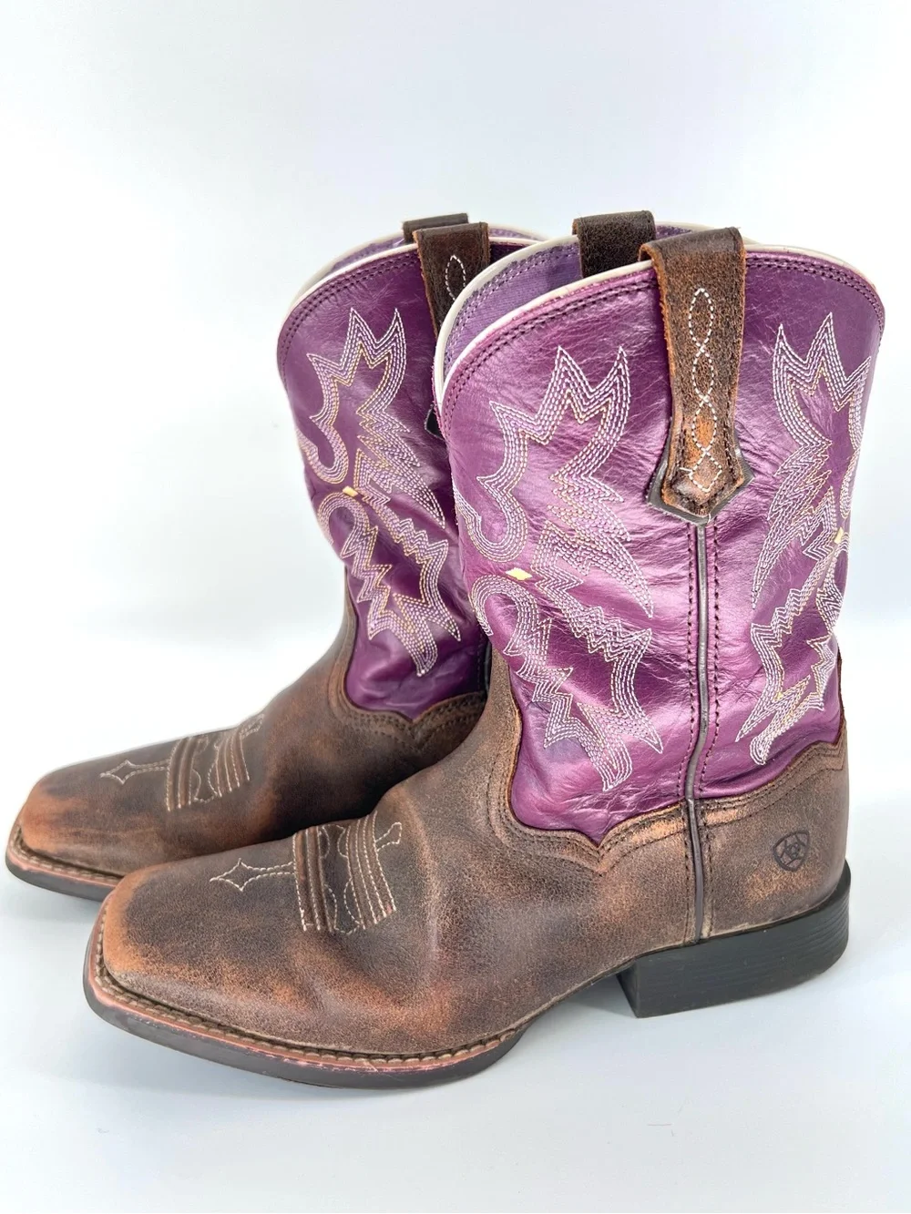 ARIAT GIRLS' TOMBSTONE WESTERN BOOTS BROAD SQUARE TOE Sz 5 Purple Brown Cowgirl